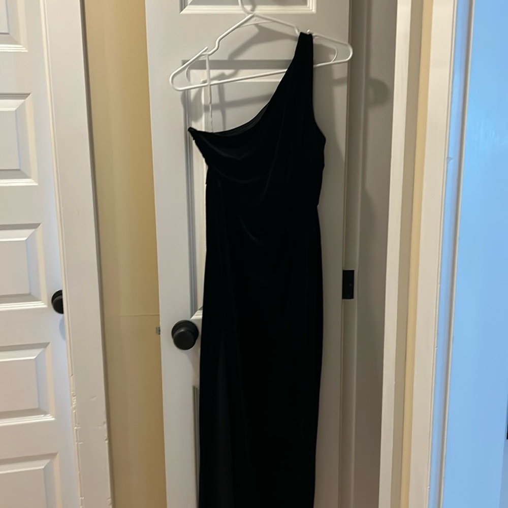 Black velvet one shoulder gown